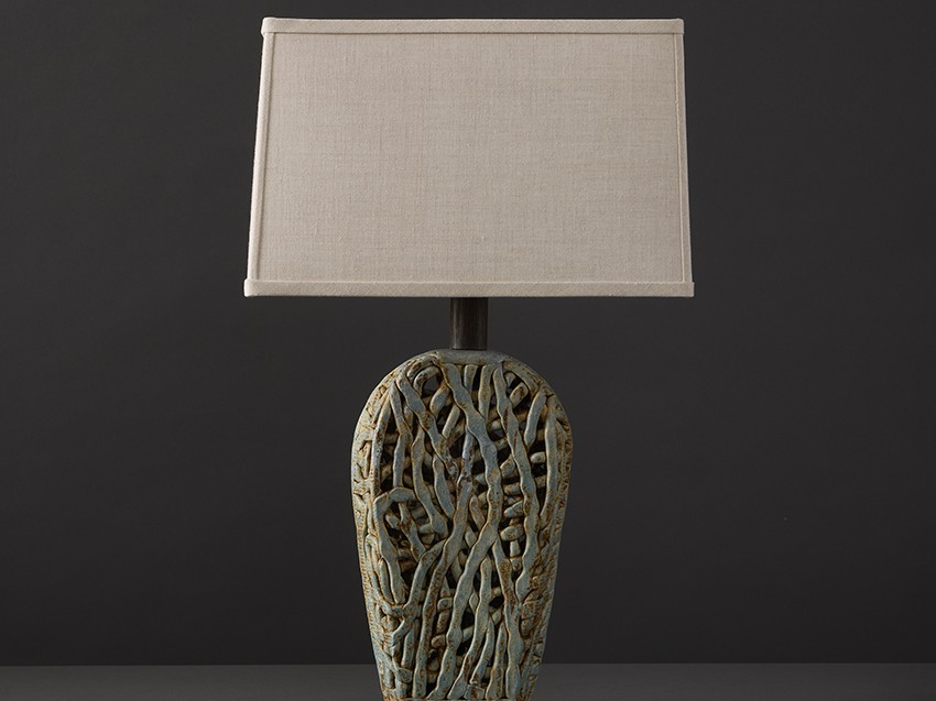 Handmade ceramic Haystack Squiggle Weave table lamp by ceramicist Clate Grunden combines organic forms with beach blue glaze for a classic and effortlessly beautiful table lamp, available at RUNE, New York.