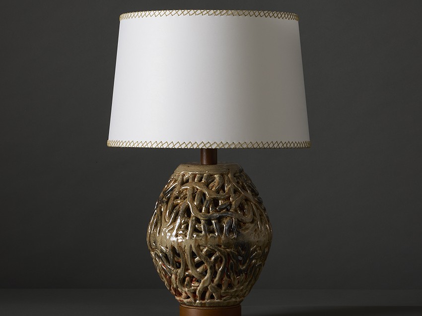 Modernist handmade ceramic Squiggle Ovoid table lamp in rich stoneware & glazes by artist Clate Grunden, available from RUNE, New York.