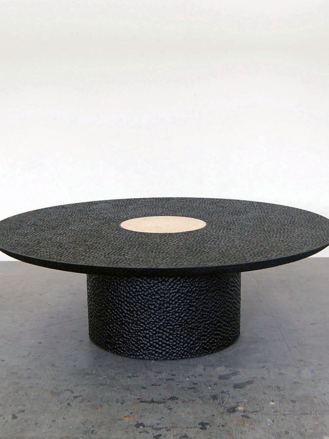 Luna Coffee Table in carved, blackened maple & travertine by John Eric Byers for RUNE, New York.