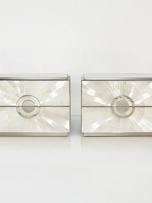 Roxy Bedside Tables in sunburst pattern gypse & polished nickel by Jallu Ebenistes for RUNE, New York.