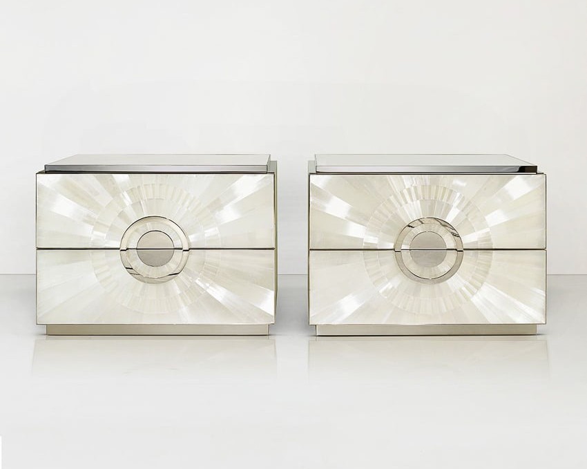 Roxy Bedside Tables in sunburst pattern gypse & polished nickel by Jallu Ebenistes for RUNE, New York.