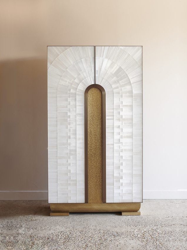 Modern selenite gypse cabinet with wood arch inset.