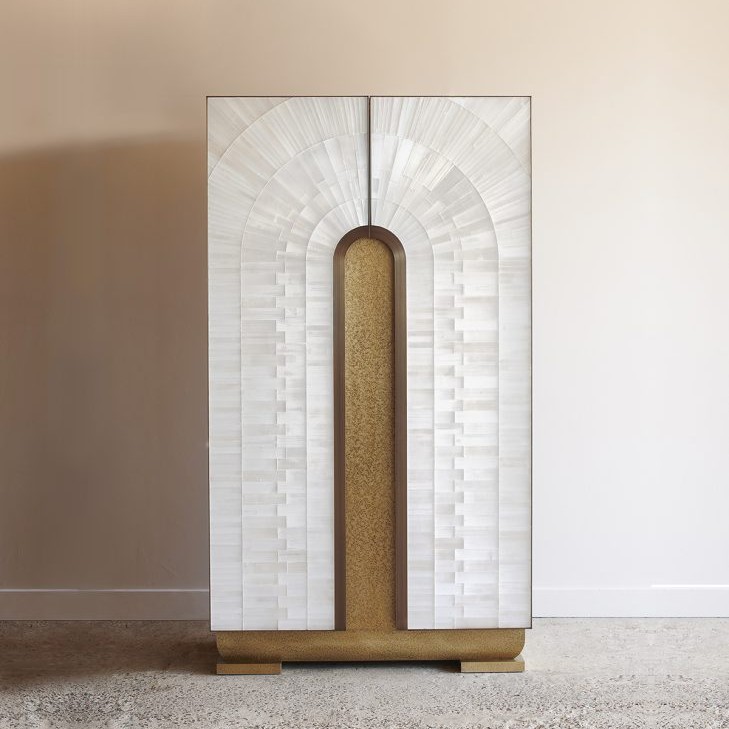 Modern selenite gypse cabinet with wood arch inset.