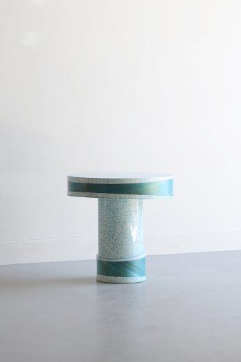 Flow Table Blue Crackle lacquer and straw marquetry by Jallu Ébénistes available through RUNE, New York
