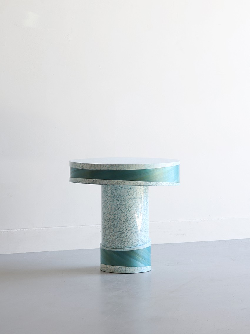 Flow Table Blue Crackle lacquer and straw marquetry by Jallu Ébénistes available through RUNE, New York