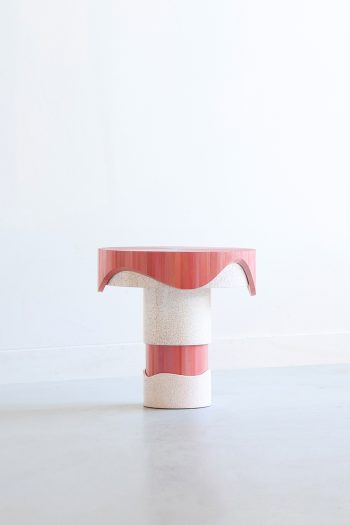 Jallu Ébénistes Flow Table Drip Pink in cracked lacquer and straw marquetry available through RUNE, New York