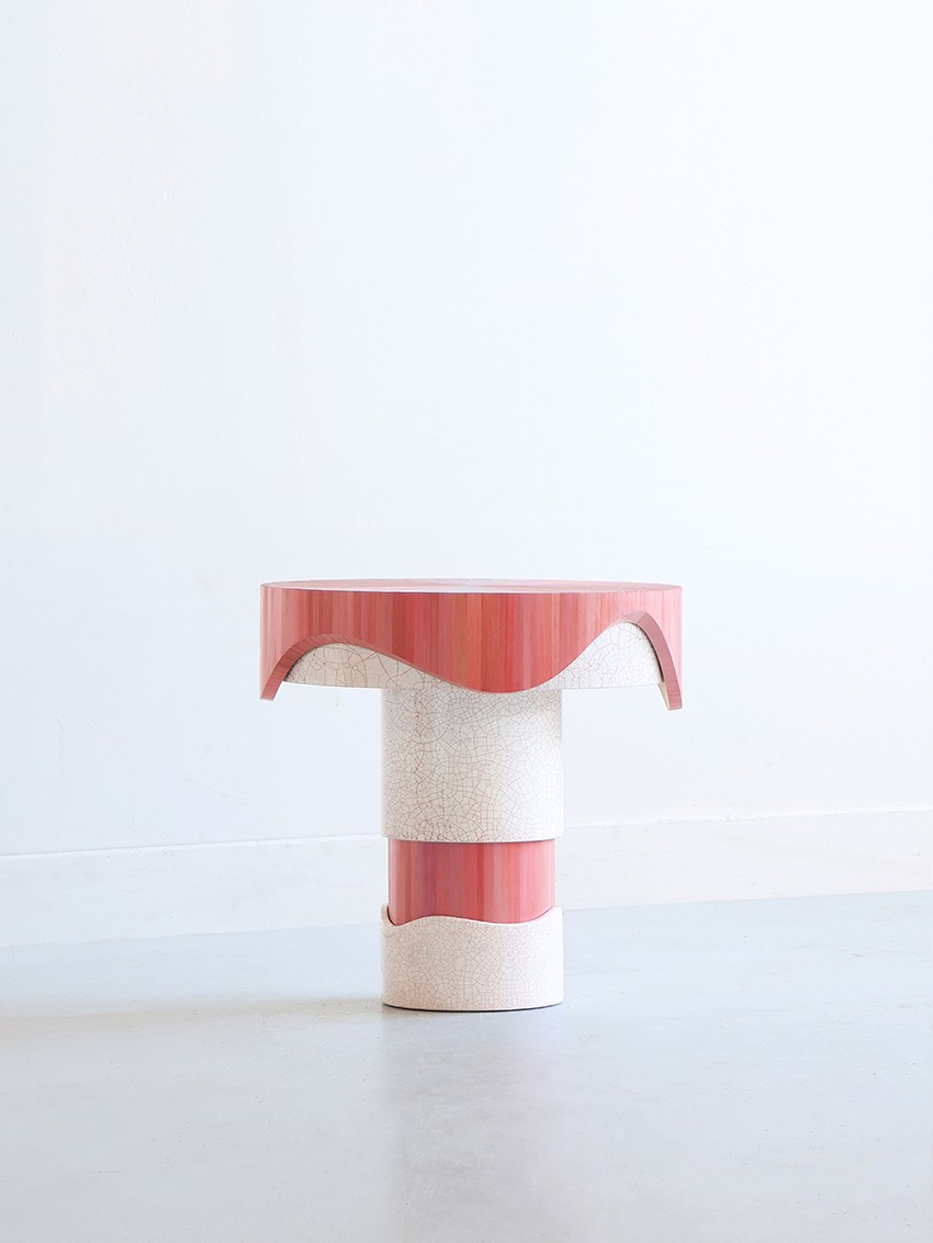 Jallu Ébénistes Flow Table Drip Pink in cracked lacquer and straw marquetry available through RUNE, New York
