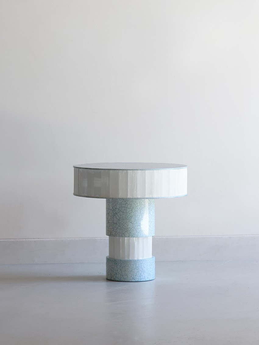 White Crackle modern lacquer and gypse side table by Jallu Ébénistes available through RUNE, New York