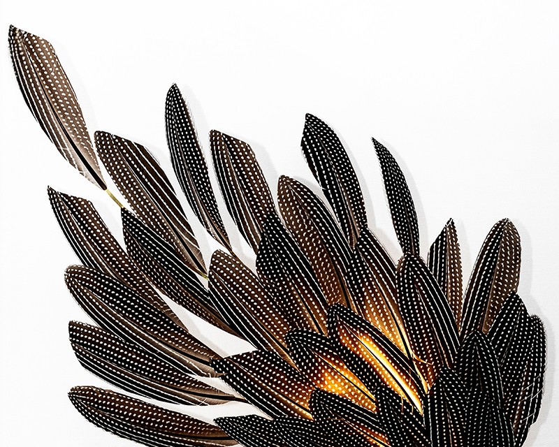 Illuminated feather wall sconce illustrates the bespoke lighting design capabilities of Janaïna Milheiro available through RUNE, New York.