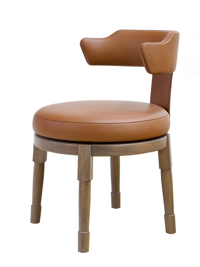 Modern leather upholstered dining chair with silver grey walnut wood base by Richard Wrightman, available at RUNE, New York.