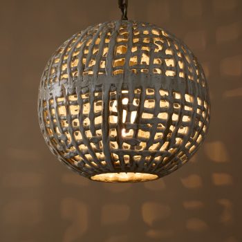 Hand-built & glazed Basketweave Sphere Pendant with woven stoneware texture, suitable for indoor & outdoor applications by ceramicist Clate Grunden, shown in white clay with matte white glaze & antique brass French chain. Available from RUNE, New York.