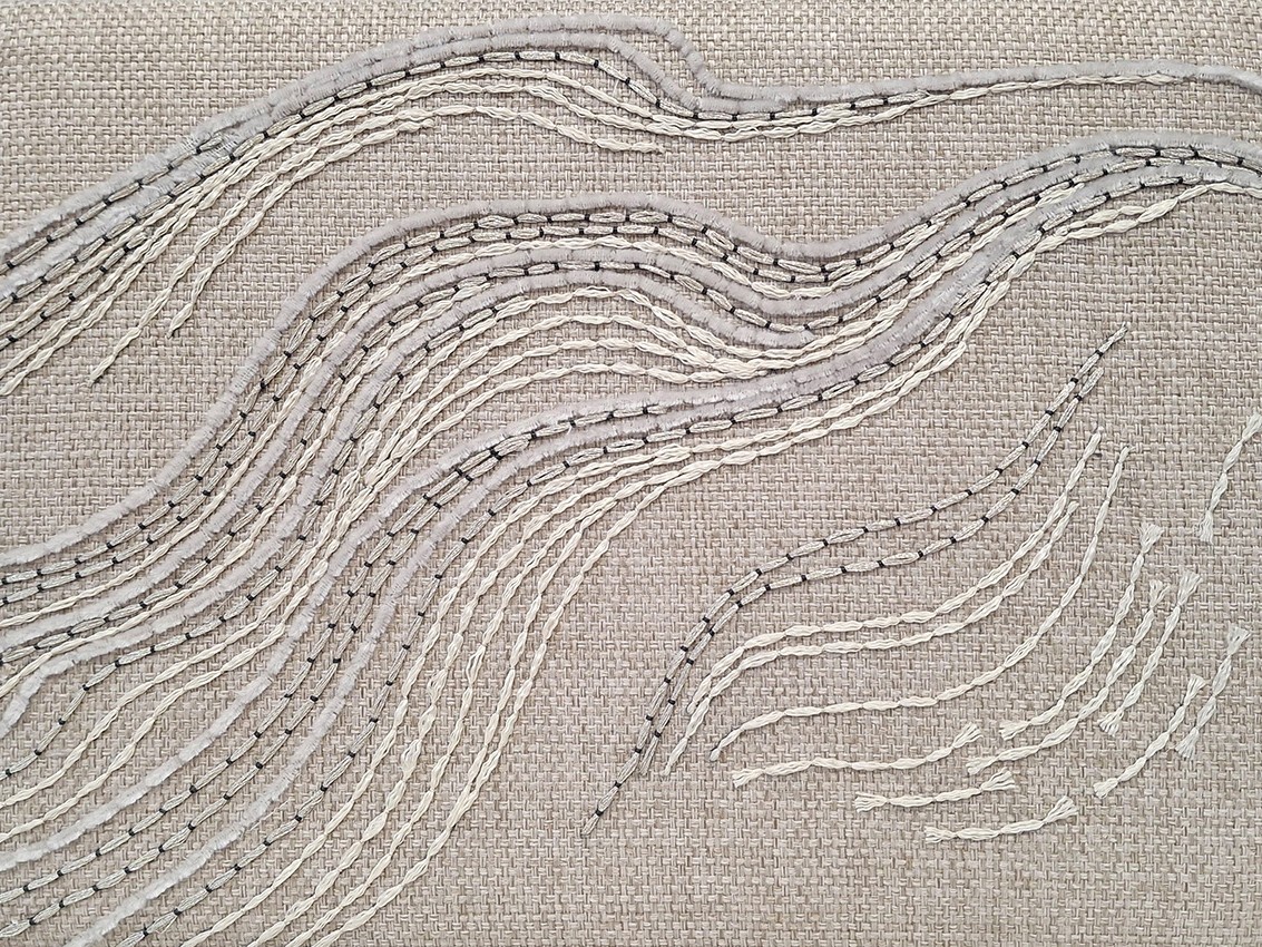 Handmade embroidered fabric from P+L Studio in France, designed for furniture, wallcovering, and interior design; available through RUNE in New York.