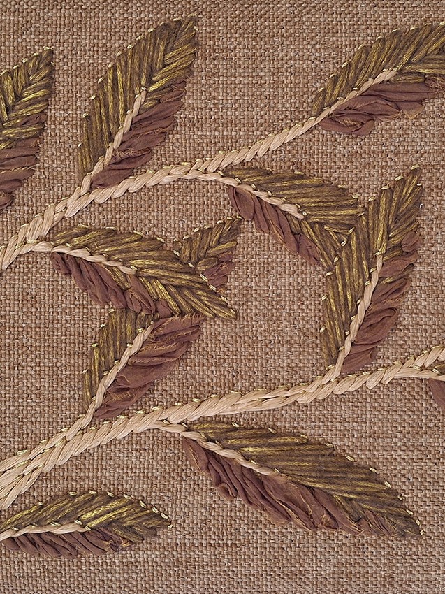 P+L Studio's handmade embroidery using traditional techniques to create a modern branch & leaf design that appears to grow organically across a beautifully textured fabric, available at RUNE, New York.