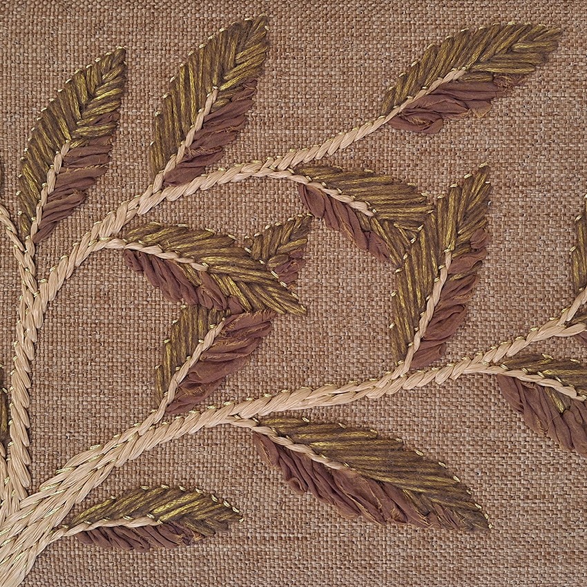 P+L Studio's handmade embroidery using traditional techniques to create a modern branch & leaf design that appears to grow organically across a beautifully textured fabric, available at RUNE, New York.